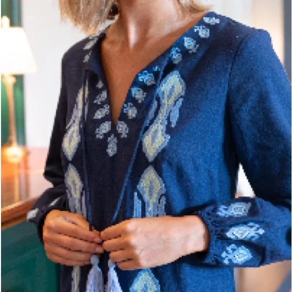 Sail to Sable Navy Ruffle Hem Dress with embroidery - Picture 2 of 5